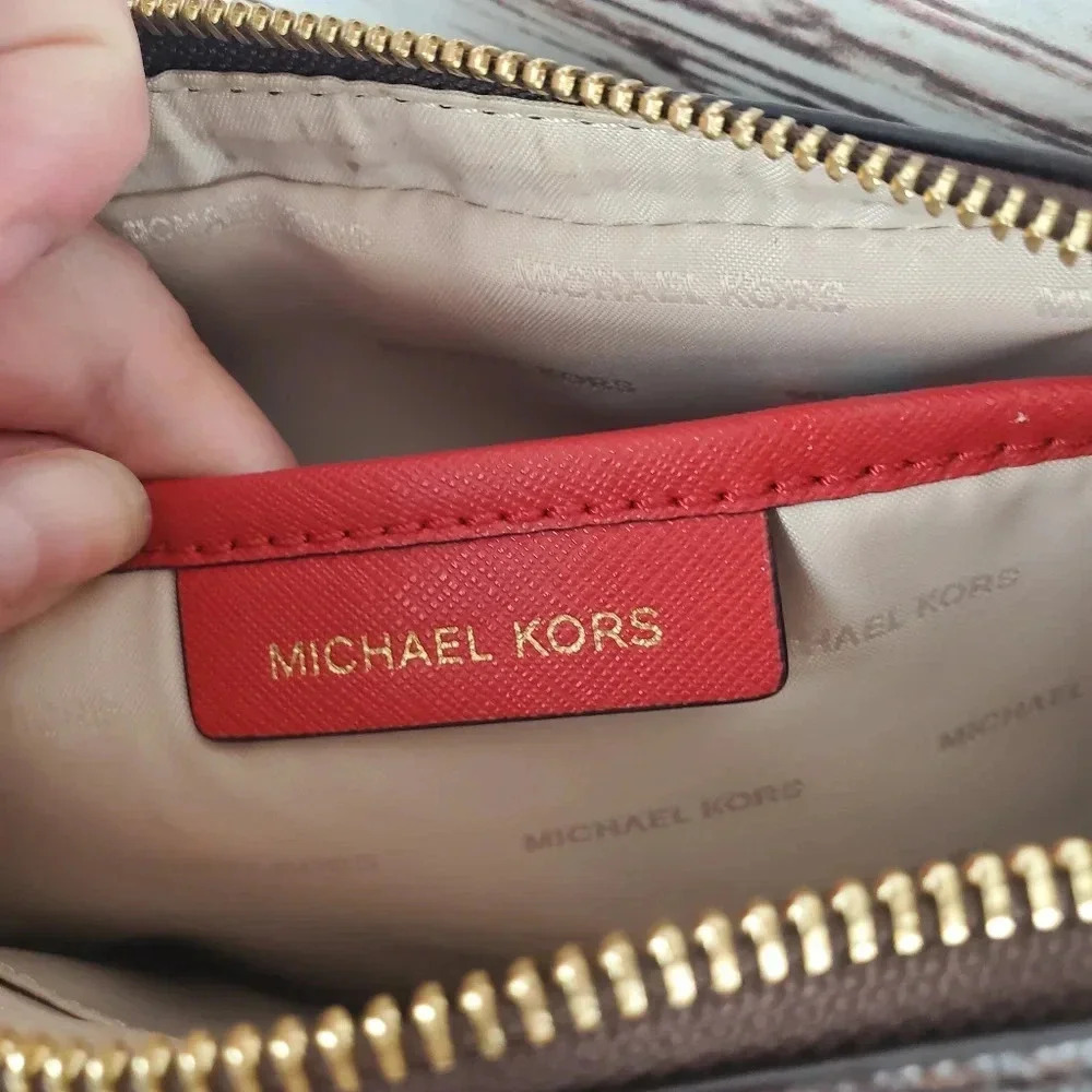 Michael Kors Jet Set East West Signature Brown/Red/Gold Perforated Crossbody Bag - Picture 14 of 16